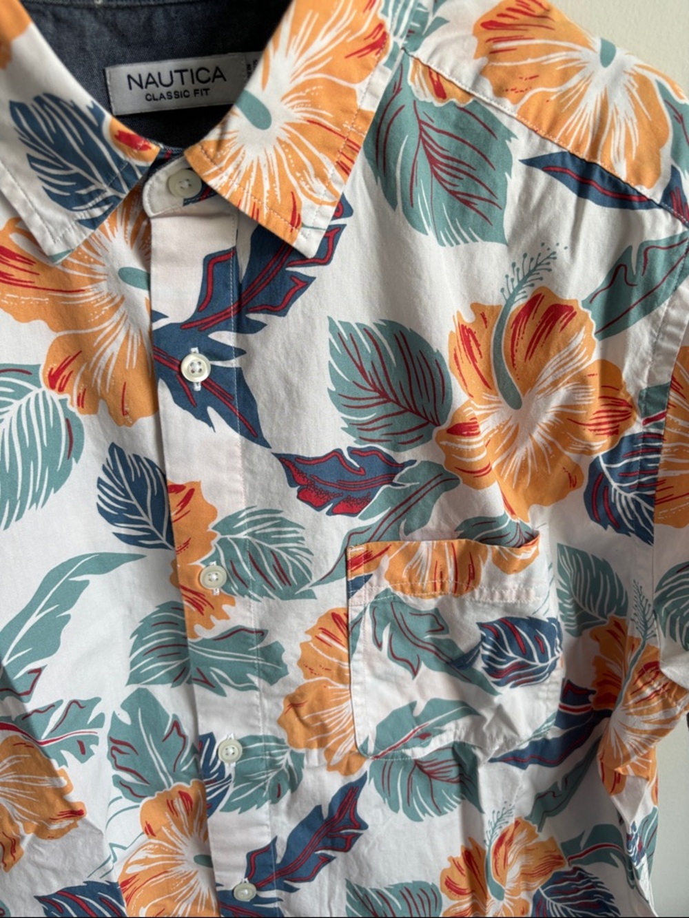 Nautica White Short-Sleeve Button-Up with Orange Floral & Teal Leaves - Picture 3 of 4